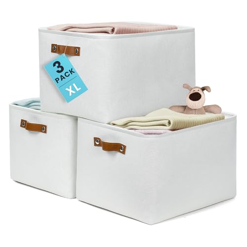 OrganiHaus 16x12.5in Canvas Storage Baskets 3 Pack | EXTRA LARGE Fabric Bins for Shelves | Linen Closet Organizer | Full Off-White - color: Full Off-White, size: Extra Large - 3pc