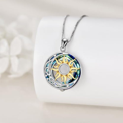 Sun and Moon Necklace for Women 925 Sterling Silver Celtic Crescent Moon Pendant Blue Opal/White Opal/Abelone Shell/Labradorite/Moonstone Jewelry Gift for Teen Girls - color: crystal