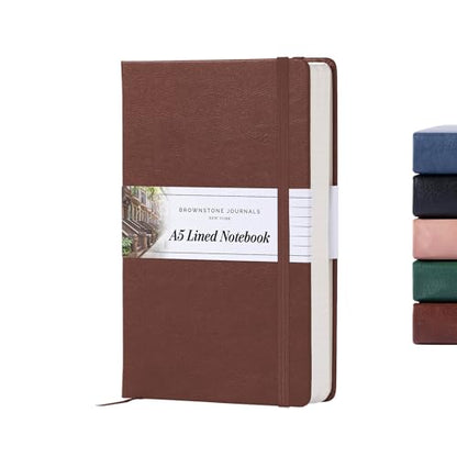 BROWNSTONE JOURNALS A5 Hardcover Lined Journal 5"x8" - Notebook for Work & Writing, 160 Pages Thick 100 GSM Paper, Lay Flat Binding, Elastic Band, Ribbon Bookmark (Chestnut Brown) - color: Chestnut Brown