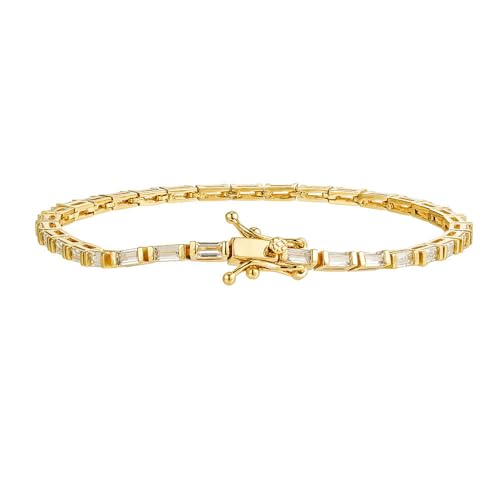 CAITLYNMINIMALIST 18K Gold-Plated & Rhodium-Plated Silver CZ Diamond Tennis Bracelet for Women – 3–4mm Dainty Stacking Box Clasp Bracelet (6–7 in) - color: 01-18K Gold Baguette, size: 7 Inches