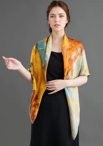 100% Silk Scarf 43" Large Square Lightweight Headscarf& Shawl–Women Hair Wraps-With Gift Packed - color: Oil Painting-blue&gold