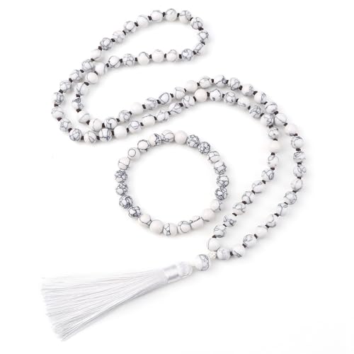 Turquoise Heart Chakra Mala Necklace, Meditation Energized Handmade 108 Buddhist Prayer Beads,Reiki Spiritual Healing Energy Necklace,Unconditional Love Abundance Forgiveness Trust Compassion Child birth,Monther's Day BirthdayGift for Women - color: White