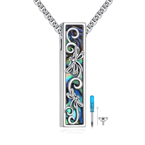 Cremation Urn Necklaces for Ashes Sterling Silver 3D Vertical Bar Memorial Pendant for Loved Ones Keepsake Cremation Jewelry Gifts for Women Men - style: Dragonfly