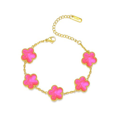 FLY FEI 18K Gold-Plated Four Leaf Clover Bracelet for Women,Adjustable lucky Bracelet Set Jewelry Gift-Hypoallergenic Charm for Birthdays, Wellness & Daily Wear - color: style08-Red Pink