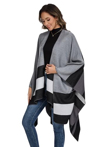 Shawl Wraps for Women, Elegant Knitted Cape Open Front Poncho Scarf Blanket Cardigan Coat for Spring, Autumn, and Winter - color: Gray Black White