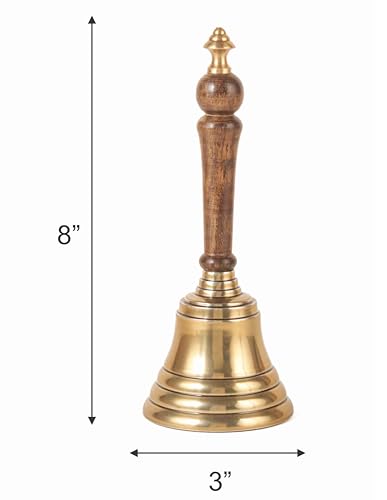 Hand Bell with Antique Brass Finish and Wooden Handle – Perfect for Weddings, Schools, Games, Reception Desks, Religious Ceremonies & Events – 3” Diameter, 8” Height