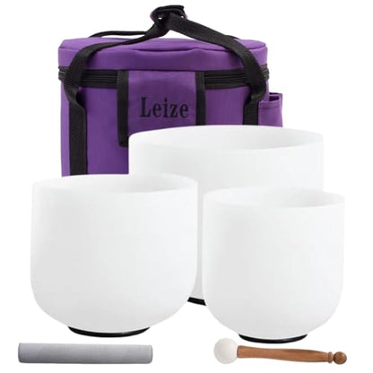 Leize Crystal Singing Bowl Tuned Quartz with Suede Striker Carry Case Bag, Set of 3 PCS 432HZ 6" B 7" G 8" F, Frosted White