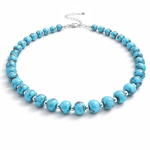 Sheplus 925 Sterling Silver Genuine Turquoise Beaded Necklace for Women,15.5-18 Inch Adjustable Choker Natural Blue Stone Jewelry, Dainty Western Gift for Her