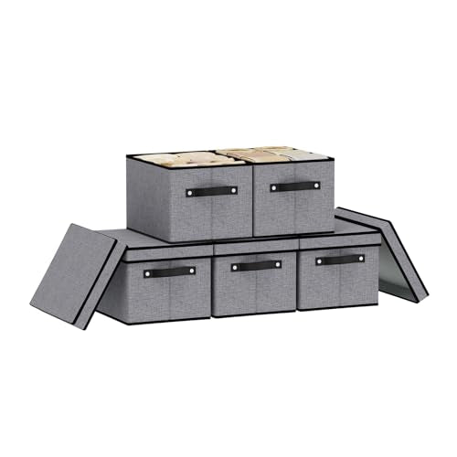 Storage Bins with Lids, 10.2×7.8×6.7 Inch Closet Organizers for Shoes Towels Books, Storage Boxes with Handles, Gray, 5-Pack - color: Grey, size: Narrow（5 Pack）