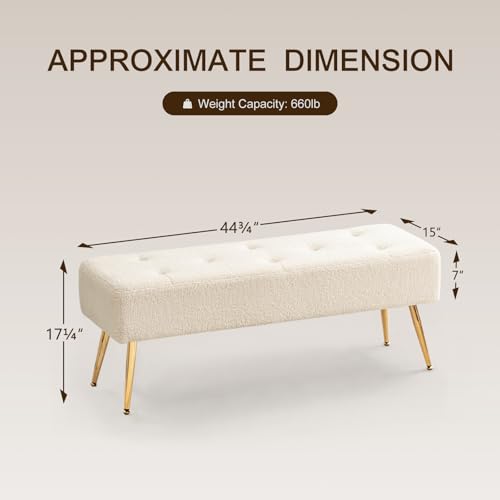 Furnimart Faux Fur Boho Bench Ottoman Upholstered Tufted Bench with Padded Seat, Footrest Foot Stool with Sturdy Metal Leg, for Bedroom Living Room Entryway - color: Fur Ivory White