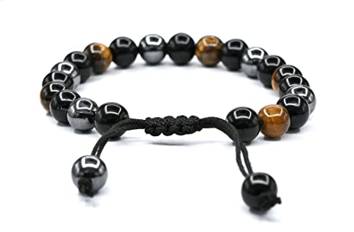 Amazing Gemstone Triple Protection Bracelet - Hematite Black Obsidian Tiger Eye Bracelet Set for Men Women Healing Calming Anxiety Stress Relief Gifts (Adjustable) - color: Triple Protection