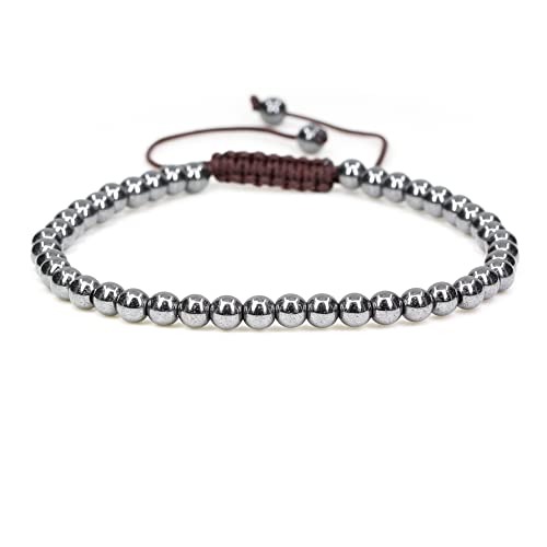 Keleny Natural Gemtones 4mm Round Beads Crystal Adjustable Braided Macrame Tassels Bracelets Unisex - color: Black Hematite
