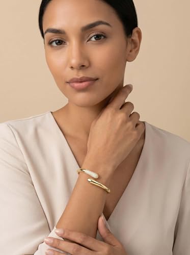 Gold Cuff Bracelets for Women, 14K Gold Plated Open Cuff Bangle Bracelet with CZ Pave, Minimalist Stackable Chunky Gold Bracelet for Women