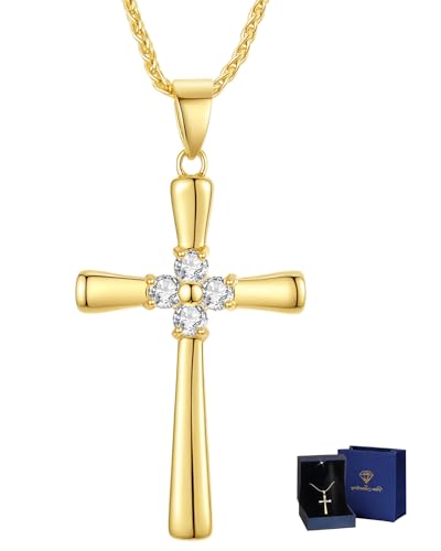 1CT Moissanite Cross Necklace for Women Wife, 18K Gold Filled or Sterling Silver Cross Pendant Chain Jewelry,Anniversary Birthday Gifts for Women Wife Her with LED Light-Up Gift Box and Gift Card - style: Gold-No Card