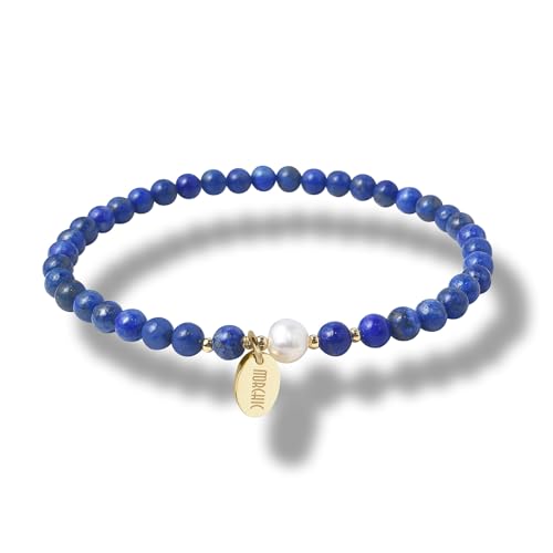 4mm Natural Gemstone Beads Stretch Bracelet for Women, With Freshwater Pearls, Energy Gem Birthday Gift for Her 7.2” - color: Lapis Lazuli