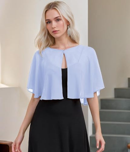TONGFANTFL Women's Soft Chiffon Capelets Shawls and Wraps for Evening Wedding Cape Bole Cover Up - color: Light Blue
