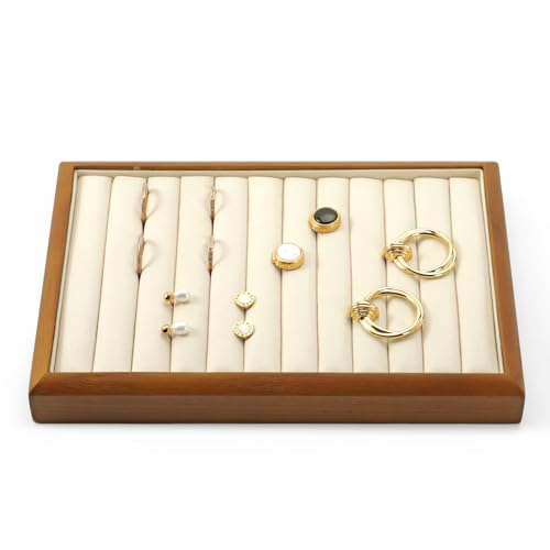 Oirlv Solid Wood 11 Slots Ring Tray Jewelry Organizer Tray Jewelry Drawer Organizer(Creamy-white) - color: Cream, size: 11 slot