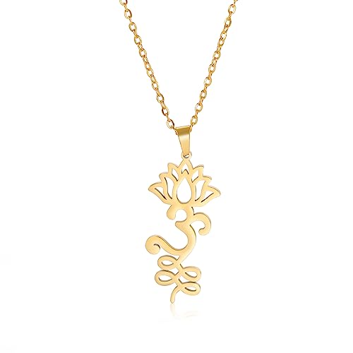 VASSAGO Buddha Lotus Necklace for Women Yoga Healing Pendant Stainless Steel Flower Necklace Buddhist Necklace Unalome Symbol Amulet Religious Jewelry - color: gold 11