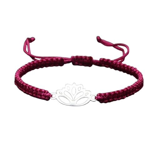Lotus Symbol Bracelet for Women - Adjustable Cord, Silver Pendant, Spiritual Jewelry Gift - style: Maroon Red