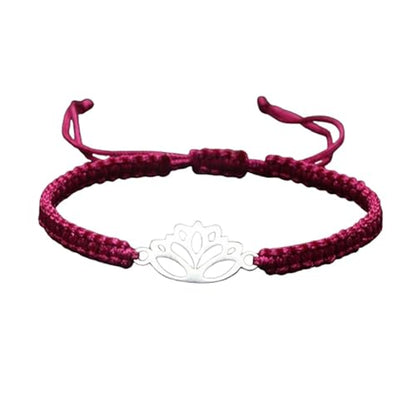 Lotus Symbol Bracelet for Women - Adjustable Cord, Silver Pendant, Spiritual Jewelry Gift - style: Maroon Red
