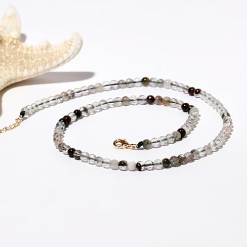 Simple Choker Necklace for Women Real Stone and Crystals Necklaces 4mm Beaded Choker Jewelry Meditation Gift for Women (16"+2") - style: Green Phantom Quartz