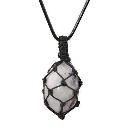 Crystal Tumbled Stone Pendant Necklace for Women Knotted Net Bag Leather Necklace Yoga Meditation Jewelry Gifts - color: Black Moonstone