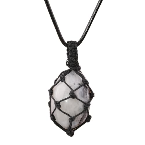 Crystal Tumbled Stone Pendant Necklace for Women Knotted Net Bag Leather Necklace Yoga Meditation Jewelry Gifts - color: Black Moonstone