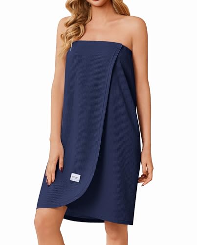 Ekouaer Waffle Robes For Women Bath Wrap Lightweight Shower Wrap 2026 Knee Length Spa Robe with Adjustable Closure S-XL - color: Dark Blue, size: Large