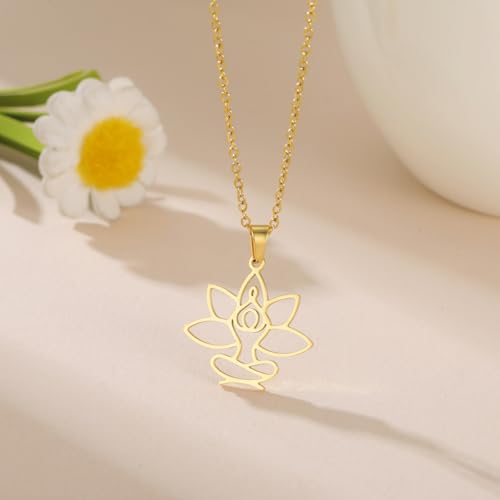 UNIFT Lotus Meditation Necklace For Women Stainless Steel Om Yoga Spiritual Symbol Hollow Out Hindu Yoga Jewelry Inspirational Amulet Gift - color: gold