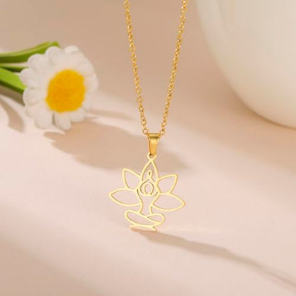 UNIFT Lotus Meditation Necklace For Women Stainless Steel Om Yoga Spiritual Symbol Hollow Out Hindu Yoga Jewelry Inspirational Amulet Gift - color: gold
