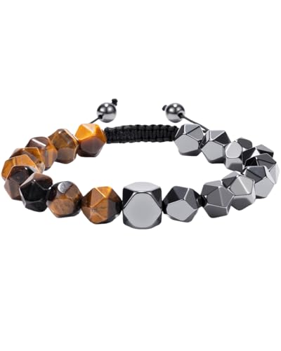 Beaded Bracelet for Men, 10mm Natural Stones Bracelet for Men's Gift, Adjustable Precision-Cut Gemstone Crystal Healing Bracelet, Protection Jewelry Gift with Hematite, Tiger Eye - style: Tiger Eye & Hematite
