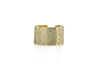 Engraved Mandala Ring - Wide Open Cuff Unisex Meditation Jewelry - Unique Spiritual Ring