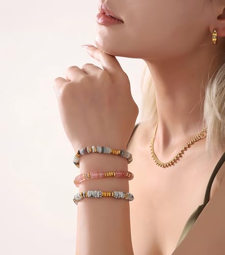 Hupplle Natural Stone Beaded Bracelets for Women 18K Gold Plated Stainless Steel Handmade Minimalist Adjustable Bracelet Trendy Jewelry Gifts for Her
