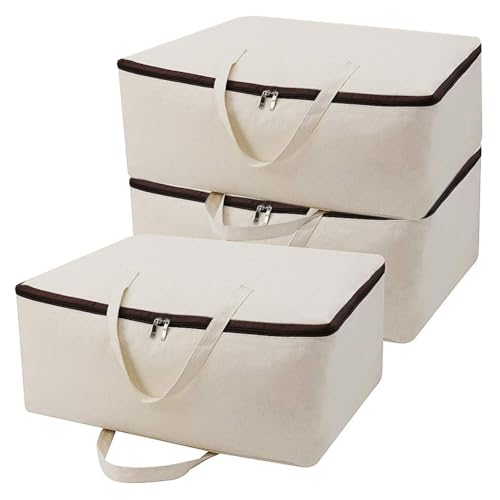 Breathable Canvas Cotton Soft Storage Bags with Handles & 3-side Zip, Good for Cotton Clothes Bedding Organizer Bins, Beige, 3pcs