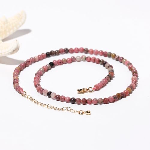 Simple Choker Necklace for Women Real Stone and Crystals Necklaces 4mm Beaded Choker Jewelry Meditation Gift for Women (16"+2") - style: Rhodonite