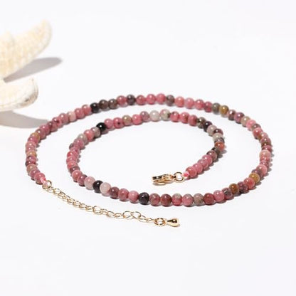 Simple Choker Necklace for Women Real Stone and Crystals Necklaces 4mm Beaded Choker Jewelry Meditation Gift for Women (16"+2") - style: Rhodonite