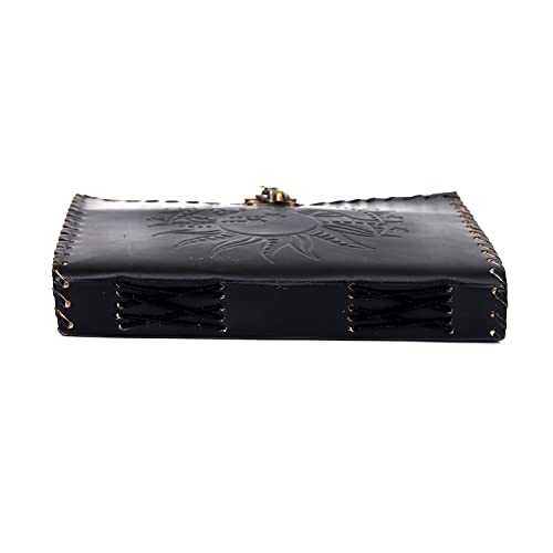 Vintage Leather Journal with Sun & Moon Design – Handmade Lock Diary Notebook, 7 x 5 Inch Writing Journal, Rustic Travel Journal for Men & Women, Gift for Writers, Sketchbook, Gratitude Journal (Black, 8x6 Inch)