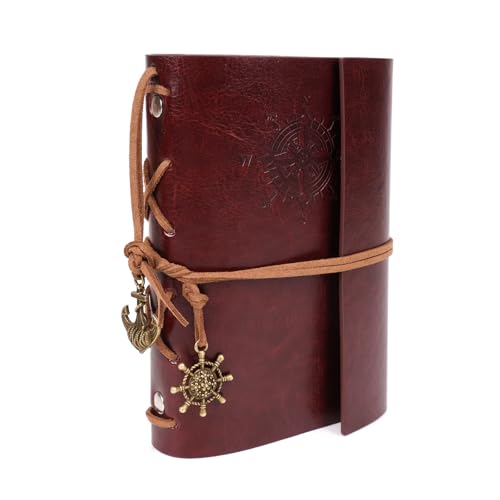 Leather Writing Journal Notebook, 5-inch Timeless Nautical Spiral-Bound Notebook featuring Blank, Unlined Sheets, Vintage-Style Pendants, Intricate Embossing, Suitable for Sketches and Musings, Diaries, Travel Logs - color: Coffee