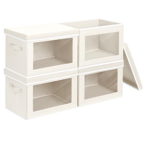 Storage Bins with Lids, 4 Pack Large Storage Cubes with Window, Closet Bins with Lids & Handles, Fabric Box for Organizing Clothes, Towels, Books, Beige - color: Beige, size: XL(4-Pack)