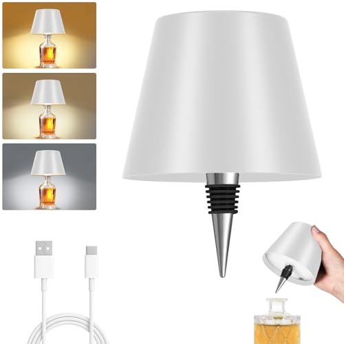 Rechargeable Wireless Bottle Lamp - 3 Color Stepless Dimmable, Metallic White Lampshade, 5H Bright Light or 48H Soft Glow,Ideal for Home Décor, Parties, Bar - color: White 5H Runtime