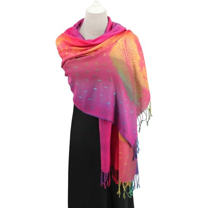 Rave Pashmina Scarf, Fashion Colorful Shawls and Wraps Soft Festival Scarves - color: B-fuchsia (Feather Pattern)