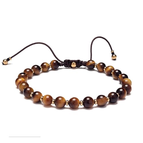 Men’s Beaded Bracelet Adjustable, Natural Texture Beads with Stainless Steel Spacers, Braided Cord, Minimal Everyday Bracelet for Men & Women - color: Golden Brown 6mm