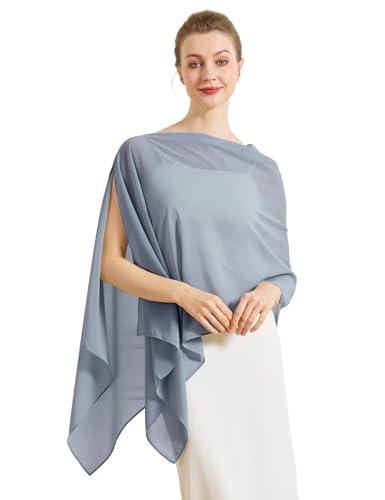 Chiffon Cape Shawl Wrap Scarf 3 Ways to Wear Elegant Sheer Capelet for Evening Dresses Weddings Parties - color: Dusty Blue