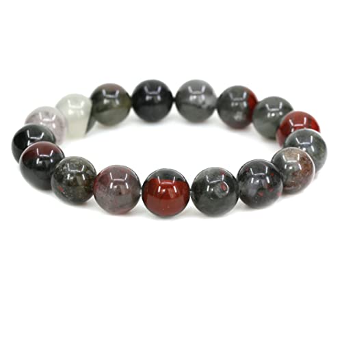 Keleny Semi Precious Stones Natural Gemstones 12mm Round Beads Crystal Stretch Bracelets 7 Inch Unisex - color: Grey African Bloodstone
