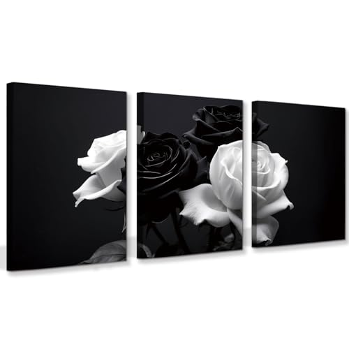 QPOKLAF Black and White Wall Art Canvas Prints Floral Framed Poster,Bathroom Rose Flower Wall Decor Aesthetic Set of 3 (12"x16") - color: Framed-Black and White Rose Wall Art