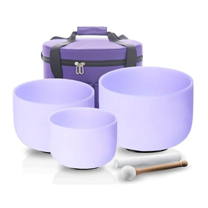 Hye-eun Purple Crystal Singing Bowls Set of 3, 432hz 8"B 10"F 12"C Frosted Quartz Chakra Sound Bowl with Beige Carrying Case for Sound Healing Yoga Meditation