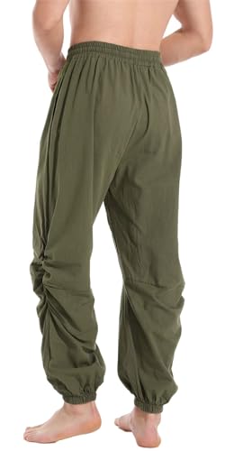 perdontoo Mens Casual Cotton Linen Pant Elastic Waist Drawstring Yoga Jogger Pants - color: Army Green, size: Small