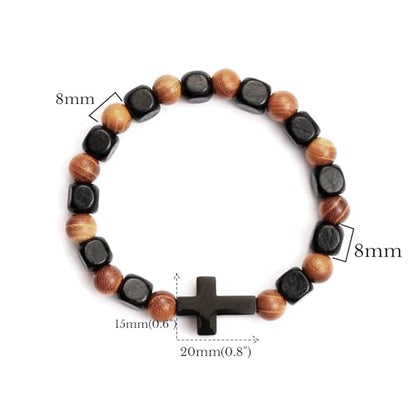 MILAKOO Wooden Bracelet with Black Stainless Steel Cross Charms Bead Christian Gifts for Women Men - color: C5
