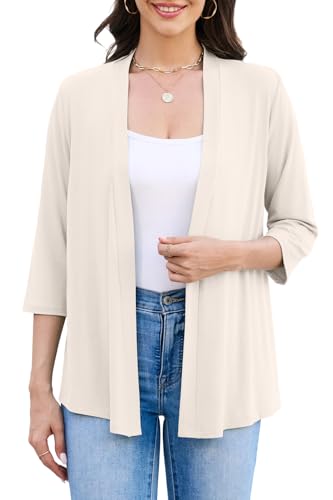 Yekaty 3/4 Sleeve Cardigan for Women Lightweight Thin Open Front Summer Soft Drape Cardigans - color: Cream, size: Small