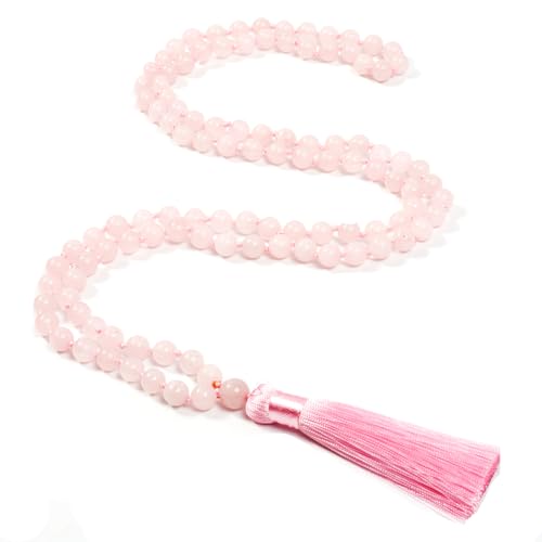 8mm Natural Stone 108 Mala Beads Necklace for Men and Women - color: Rose Quartz